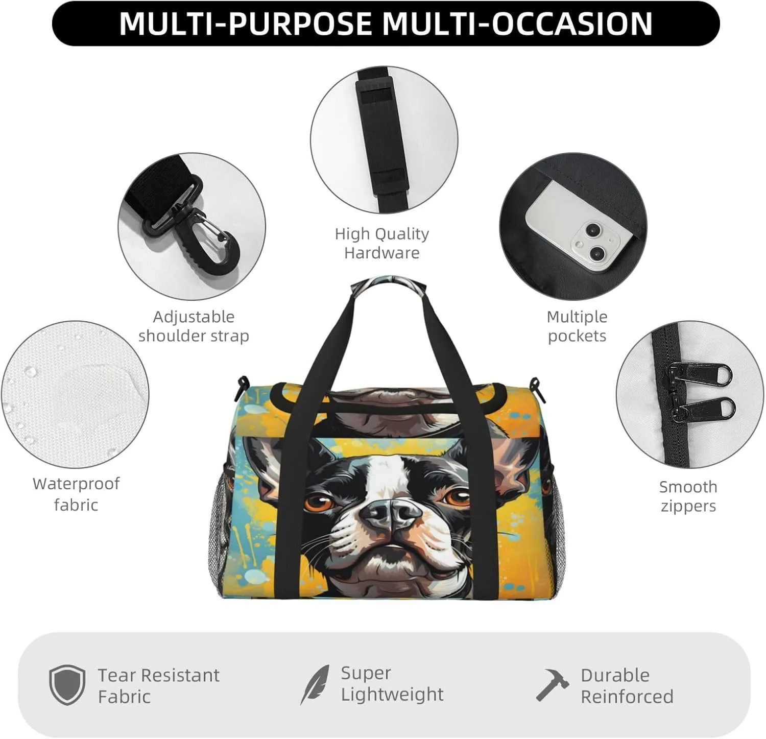 Travel Duffel Bag For Men Women, Boston Terrier Dog Art Painting Carry On Sport Gym Bag With Shoulder Strap Lightweight Waterproof Weekender Bag Overnight Bag