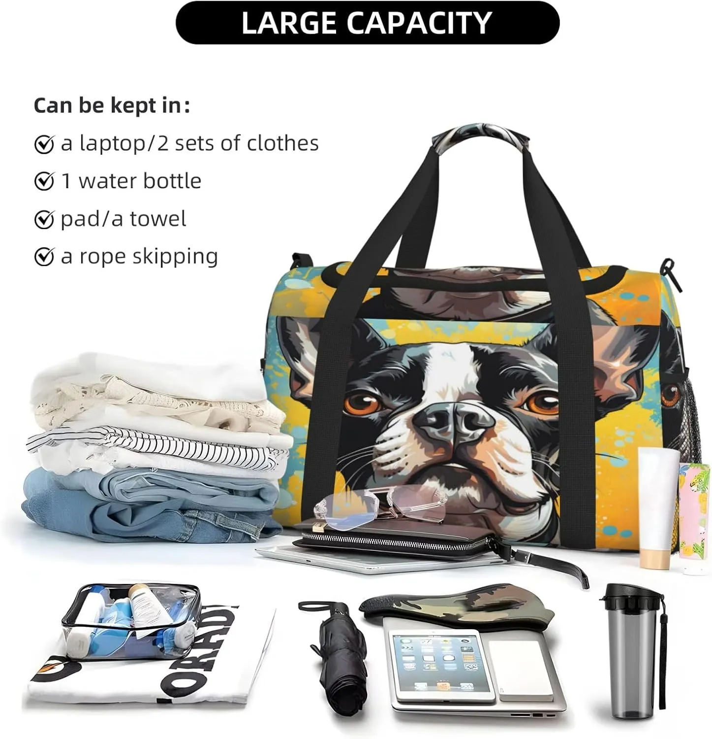 Travel Duffel Bag For Men Women, Boston Terrier Dog Art Painting Carry On Sport Gym Bag With Shoulder Strap Lightweight Waterproof Weekender Bag Overnight Bag