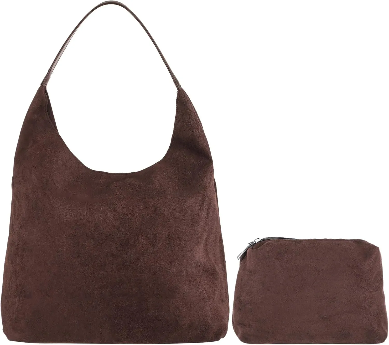 Velvet Hobo Tote Bag For Women, Suede Large Shoulder Bag With Zipper Inner Pouch, Brown Commuter Bag For Work & Casual Outings