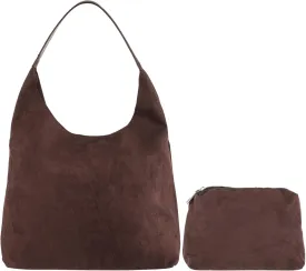Velvet Hobo Tote Bag For Women, Suede Large Shoulder Bag With Zipper Inner Pouch, Brown Commuter Bag For Work & Casual Outings