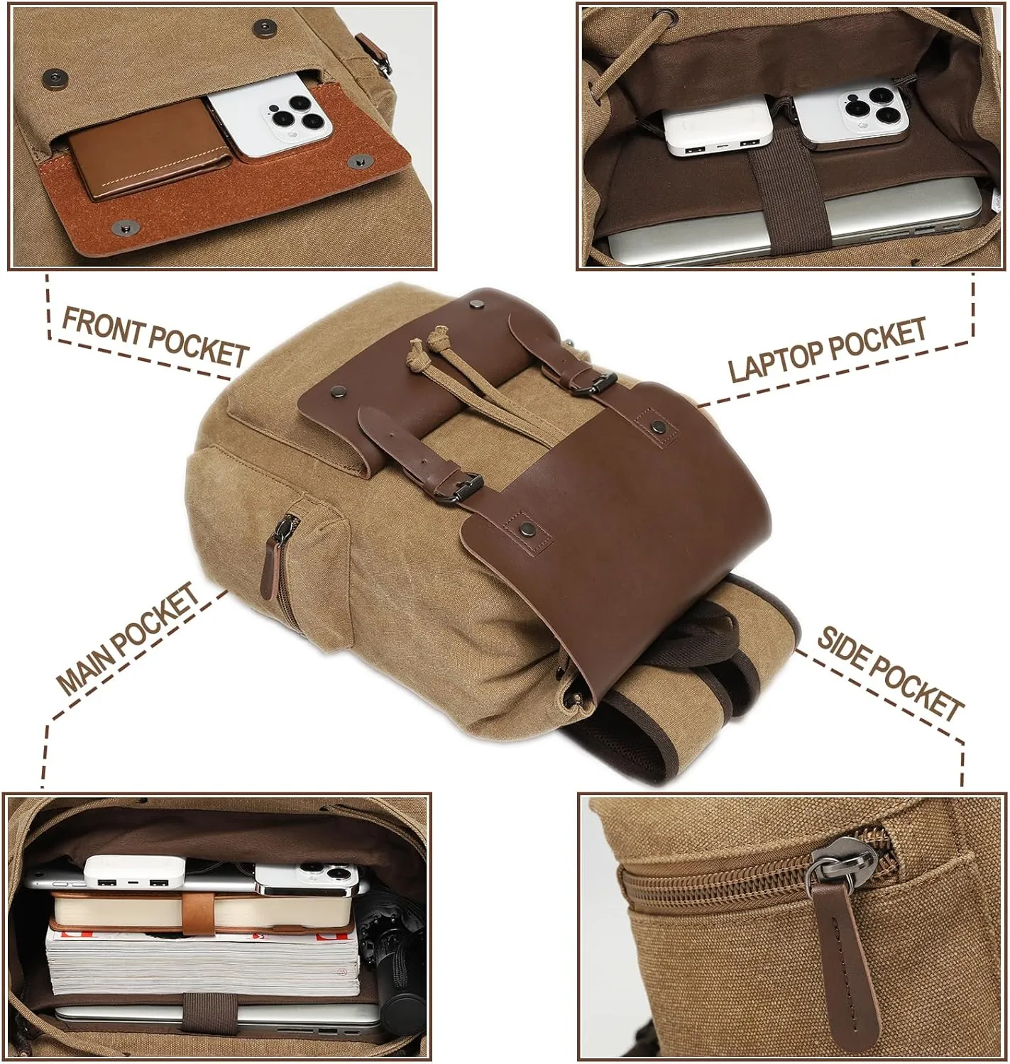 Vintage Backpack, Canvas Leather Laptop Daypack for Men Women, Brown Travel Backpack Work Rucksack College Bookbag Fits 15.6 Inch Laptop, Brown