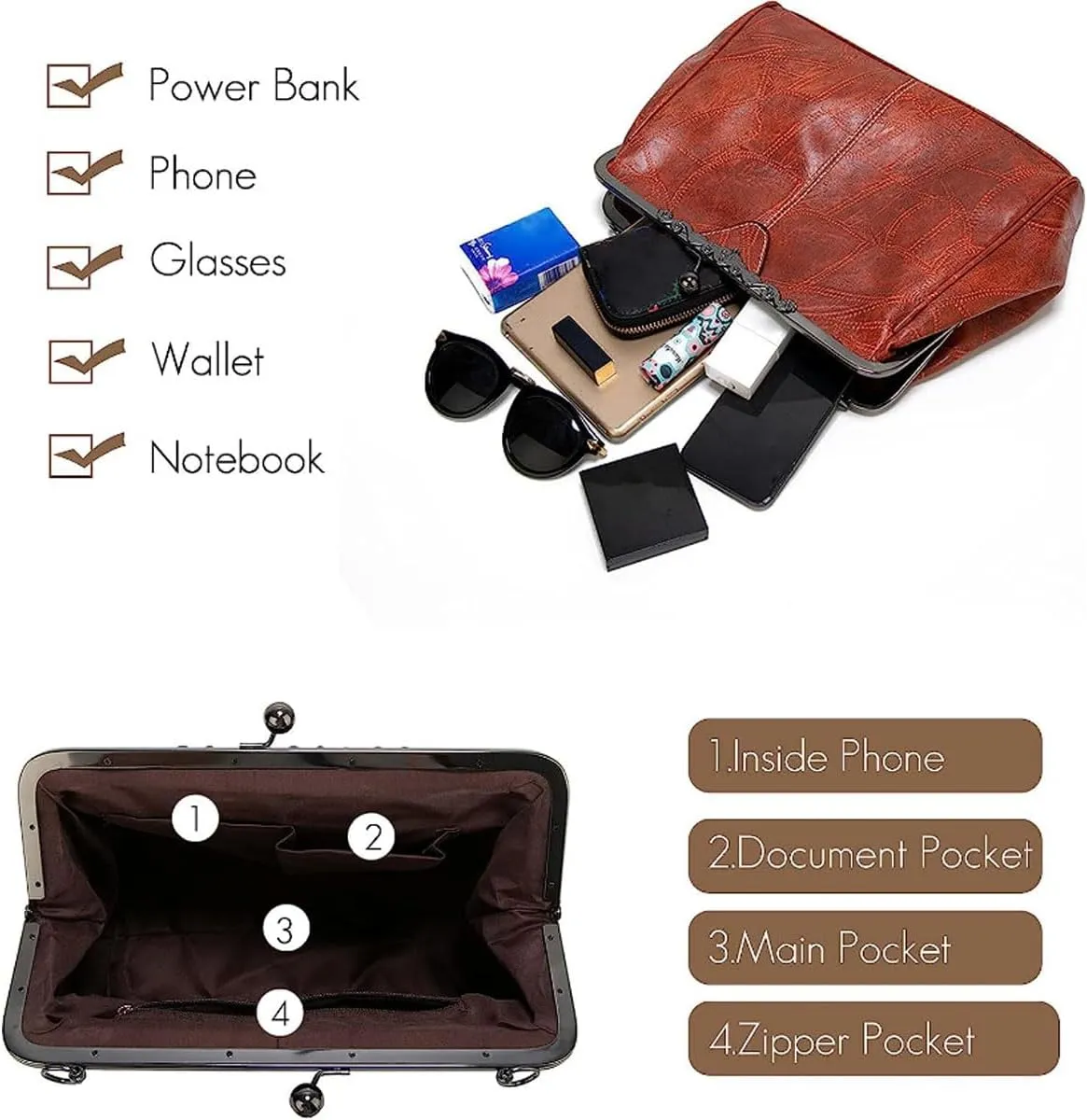 Women Retro Hollow Oil Wax PU Leather Handbag Multiple Collocations Handbags Kiss Lock Messenger Bag