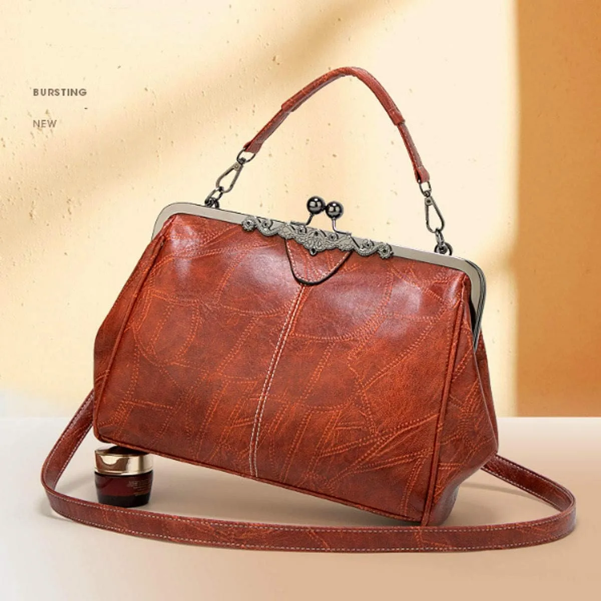 Women Retro Hollow Oil Wax PU Leather Handbag Multiple Collocations Handbags Kiss Lock Messenger Bag