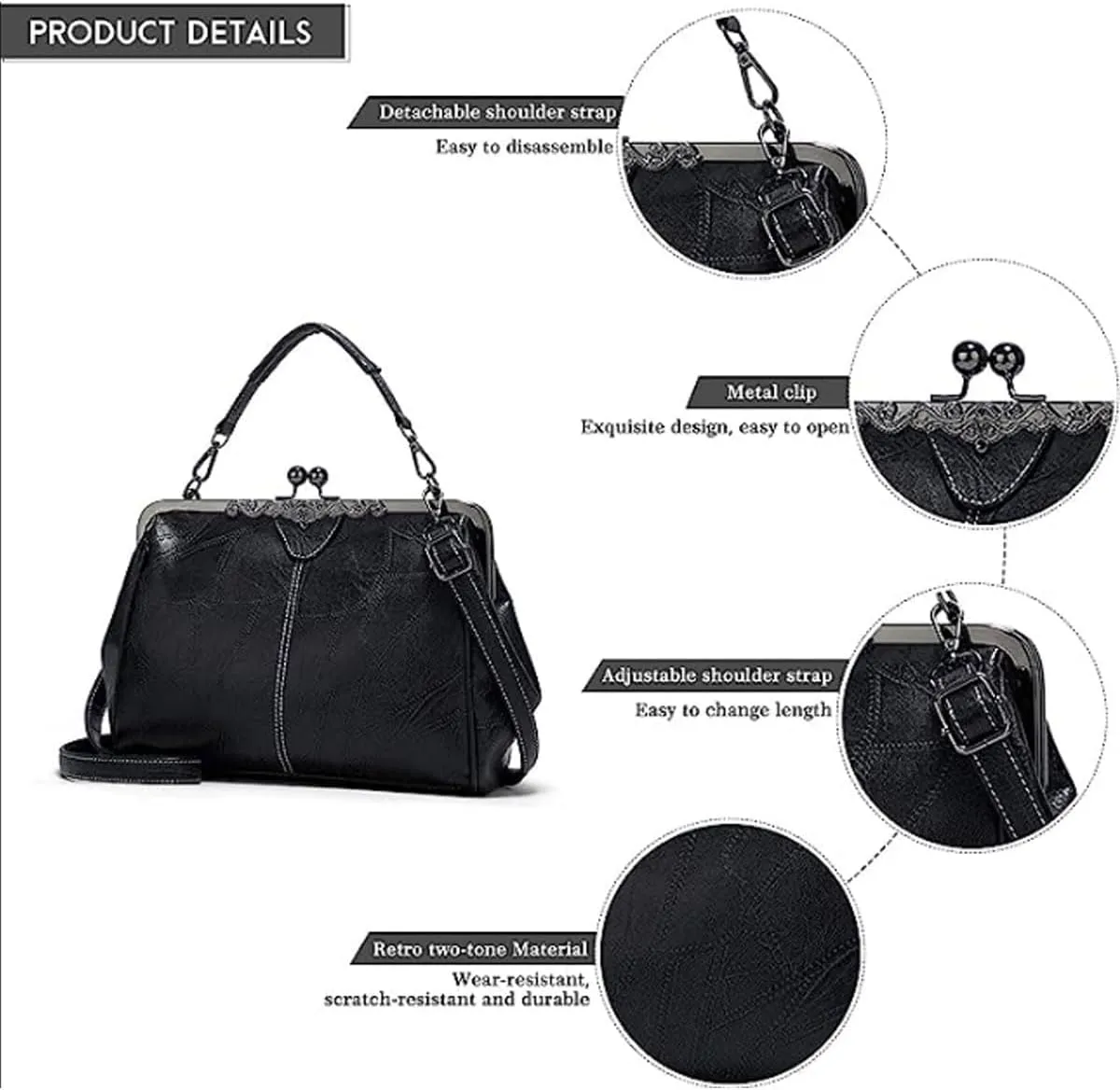 Women Retro Hollow Oil Wax PU Leather Handbag Multiple Collocations Handbags Kiss Lock Messenger Bag