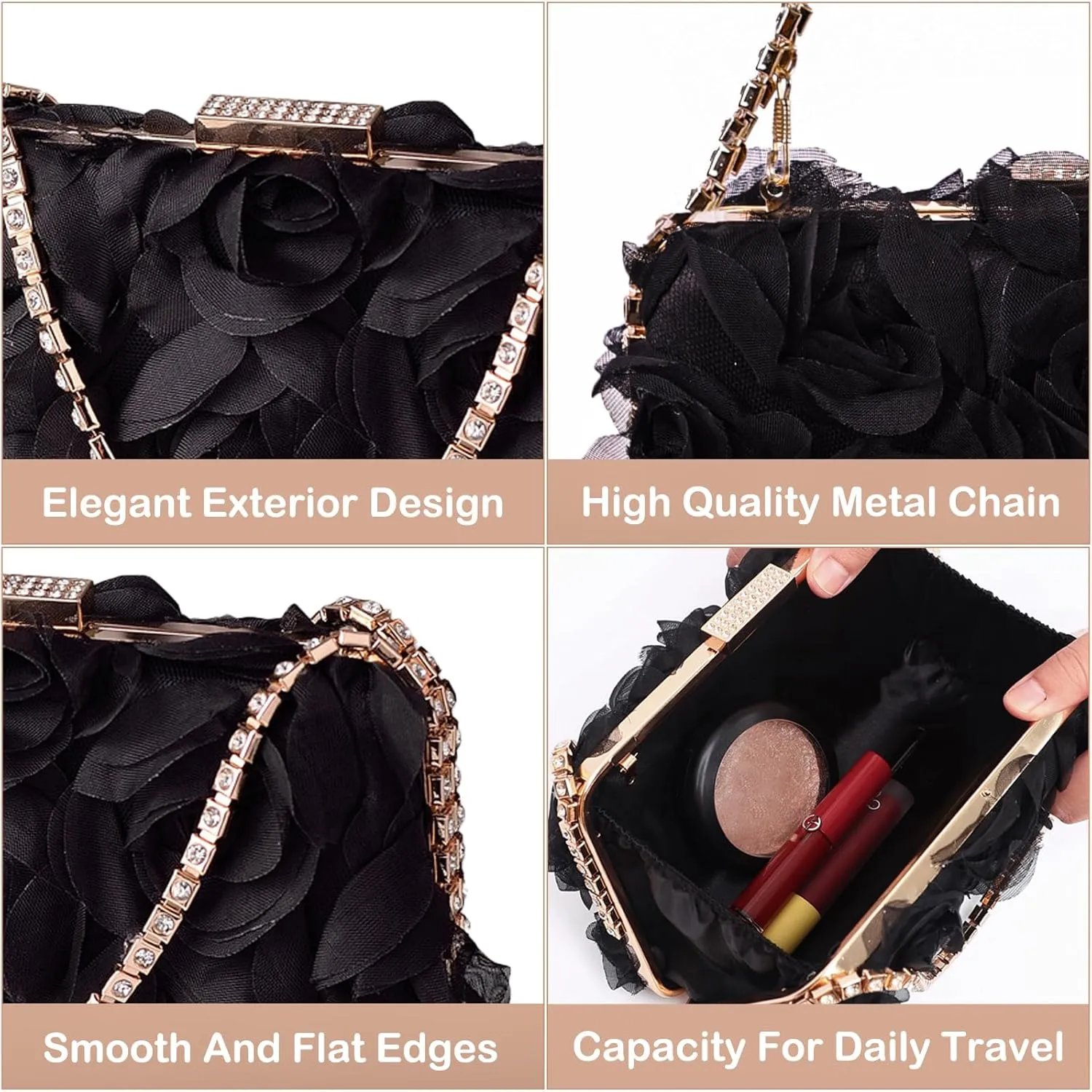 Women Rose Clutch, Evening Bag with Chain, Floral Purse for Wedding, Prom, Party