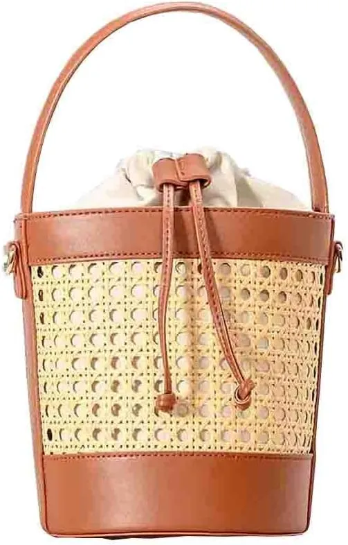 Women Straw Rattan Bucket Bag, Hollowed Out Seaside Drawstring Handbag Purse, Leather Summer Beach Boho Shoulder Bag