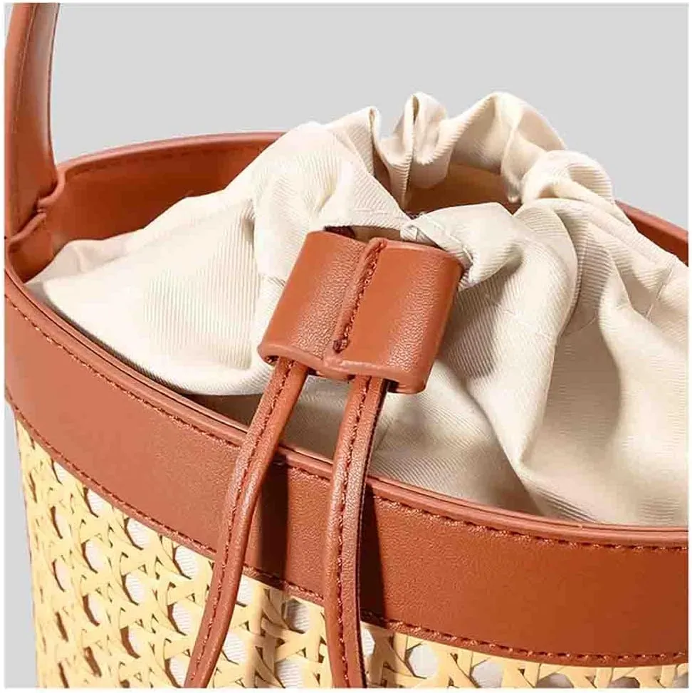Women Straw Rattan Bucket Bag, Hollowed Out Seaside Drawstring Handbag Purse, Leather Summer Beach Boho Shoulder Bag