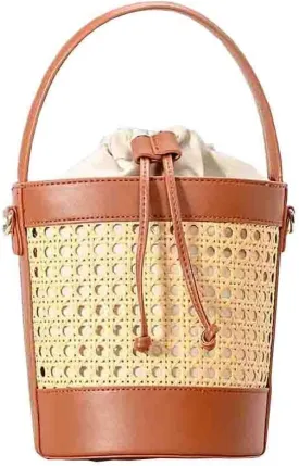 Women Straw Rattan Bucket Bag, Hollowed Out Seaside Drawstring Handbag Purse, Leather Summer Beach Boho Shoulder Bag