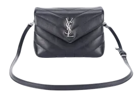 YVES SAINT LAURENT (YSL) LOULOU TOY BLACK LEATHER SHOULDER BAG SILVER HARDWARE WITH LEATHER STRAPS, DUST COVER AND BOX